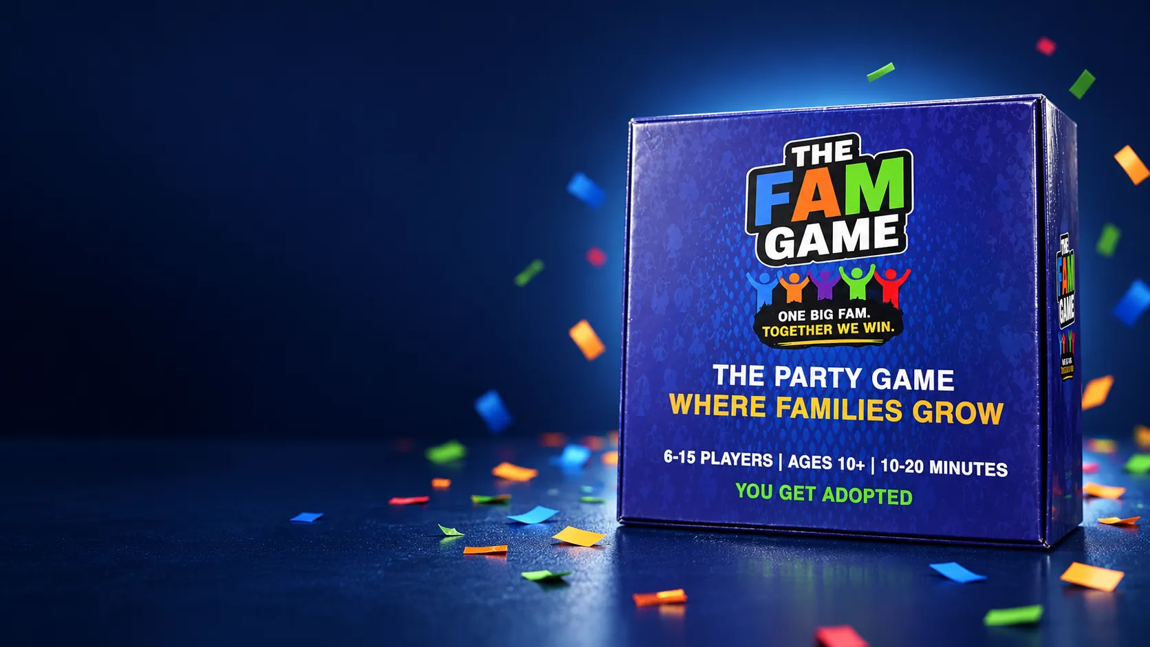 The FAM Game box on a navy background with colorful confetti